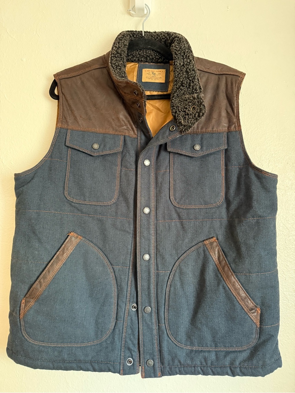 Men's Insulated Brown & Dark Blue Quilted Vest with Sherpa Collar